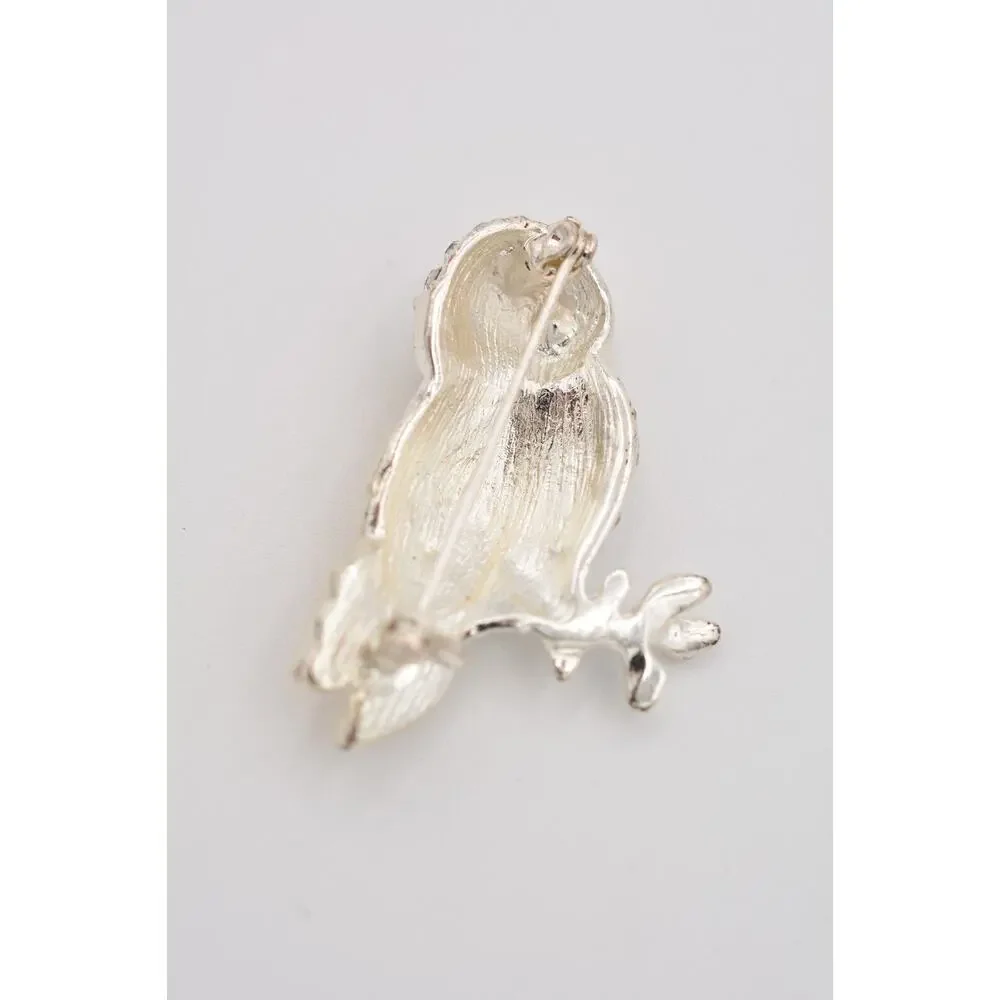 Vintage Owl Pin Brooch Rhinestone Crystal Green Cream Enamel Silver Shiny BinAT
